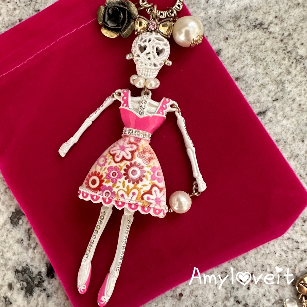 Betsey Johnson Floral Skeleton Ballerina Pendant Necklace New